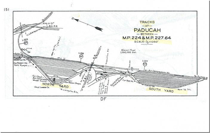 Paducah rail yard layout. Between MP 224 & 227.64. Page 151.