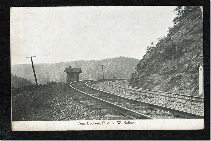 The length of the P&NW main line was 61.5 miles. If measured from Horatio this 59 mile post would be very close to the junction with the Pennsy main line at Bellwood. P&NW scene Point Lookout PA. Postcard.