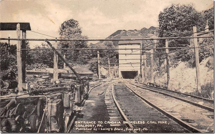 The P&NW gets a little mention in the PRR’s 1946 history except to say it taken over by the Pennsy in 1902. That would explain the ownership of the depot above. Cambria Smokeless mine. Coalport PA. Postcard.
