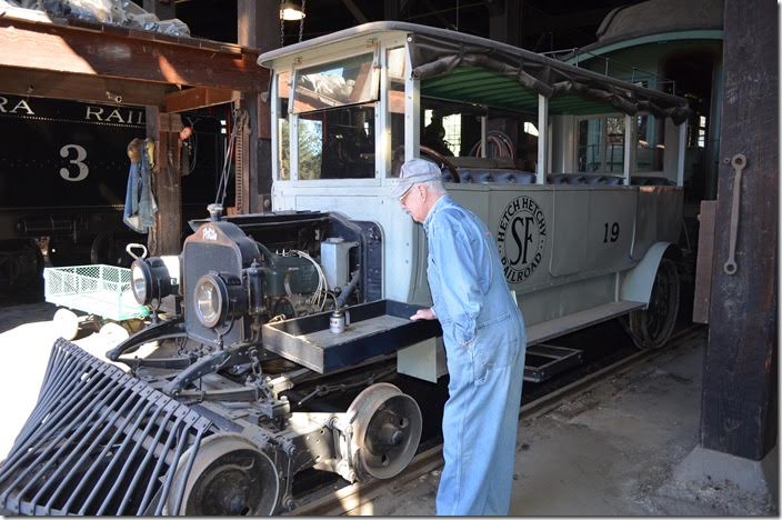 Hetch Hetchy Railroad gasoline powered railcar 19 was used to convey dignitaries to the Hetch Hetchy Dam site. That’s a White motor. This old gentleman was the volunteer docent for my tour.