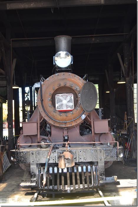 SRy No 28 a 2-8-0 undergoing repair. It was built by Baldwin and acquired new by the Sierra Ry. in 1922. Sierra also operated an ex-Weyerhaeuser Timber 2-6-6-2 for a few years in the early 1950s. This Mallet is still around, but I’m not sure where.