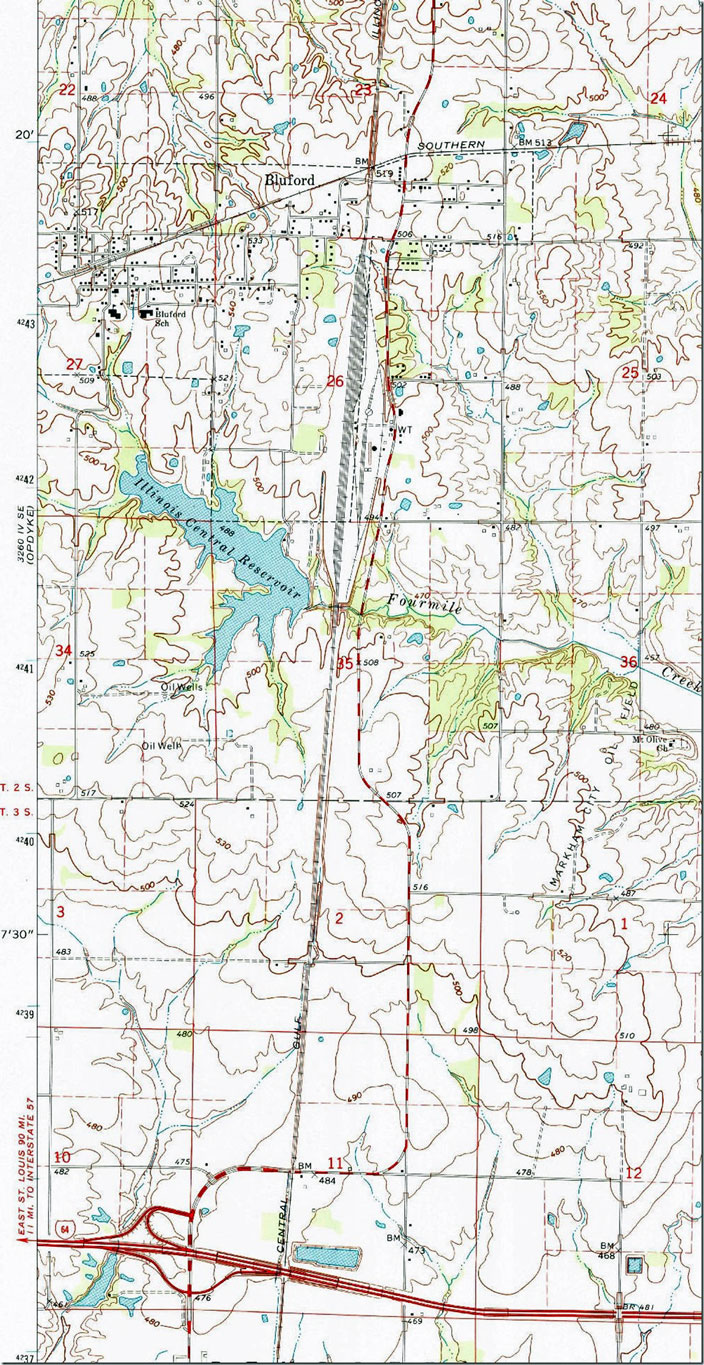 Bluford IL, 1:24,000 quad, 1973, USGS. The area to the right of the map is Markham City. Undoubtedly it was named after IC president Charles H. Markham under whose leadership construction of the Edgewood Cutoff began in 1925.