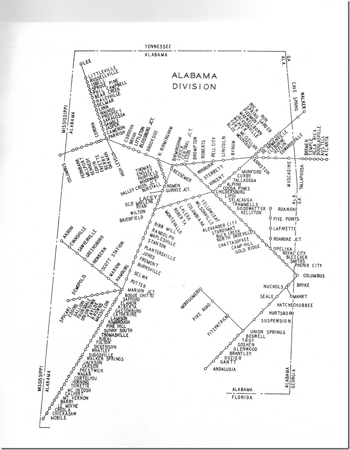 This map of the Alabama Div. shows other Southern lines around Birmingham and the branch to Columbus MS from Parrish AL which was in a coal field. Sou Ala Div map.