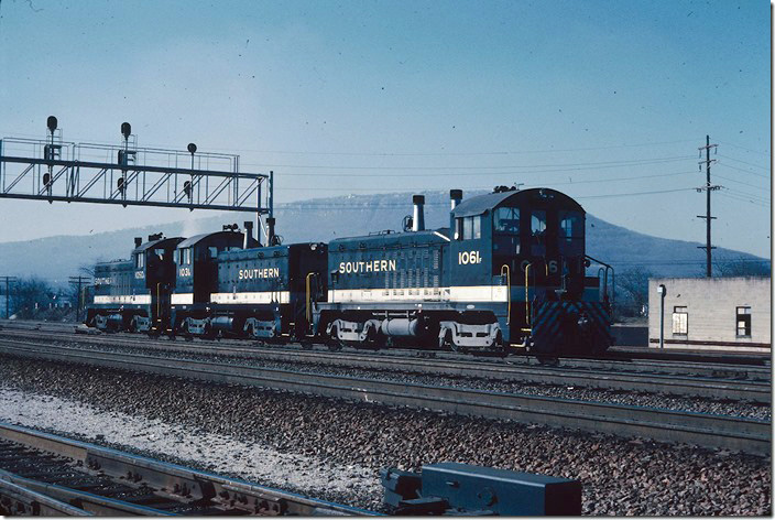 All four switchers photographed were NW2s and retired in the early 1980s. Southern 1061-1031-1050. Lookout Mountain is in the background.