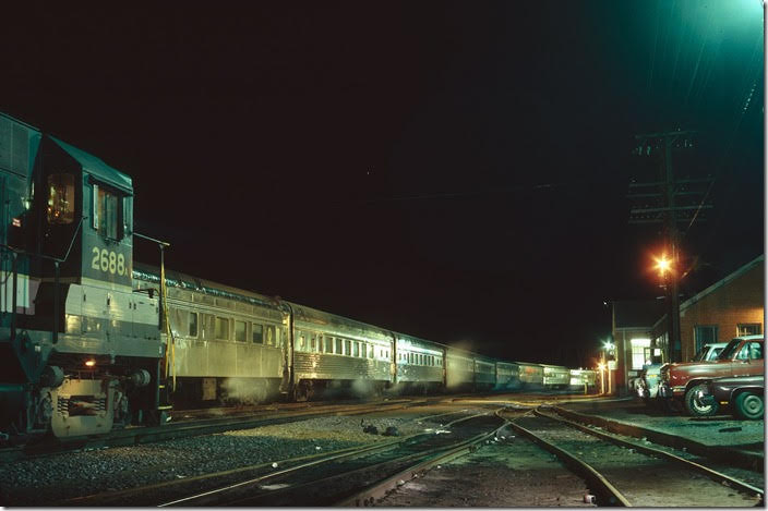 Second No. 1, the southbound Southern Crescent, changes crew at Monroe VA on the evening of Dec. 26, 1977. Southern Ry. Lynchburg VA.