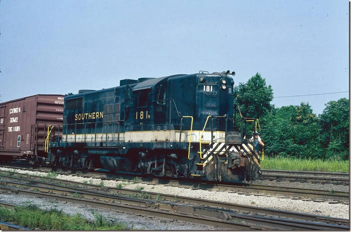 GP18 181 came to Southern when it took over the Norfolk Southern. Southern added the high short hood to a chop-nosed unit. Lynchburg VA.