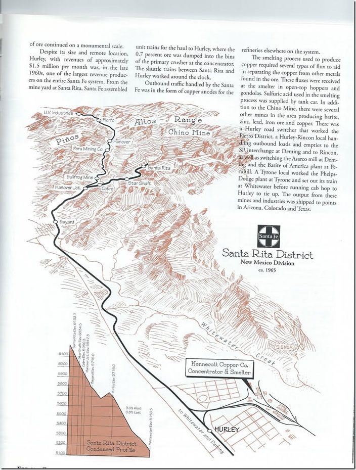 This map is in the First Quarter 2010 issue of The Warbonnet, The Official Magazine of the Santa Fe Railway Historical & Modeling Society. The 14-page article on the Santa Rita District is an excellent account of operations in the 1970s. The frequent mine-to-smelter shuttles ended in 1982 when Kennecott decided to move concentrated ore from the mine to the smelter through a slurry pipeline. Santa Rita Dist map.