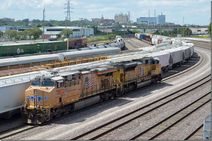 UP 7802-8643 mosey through the yard heading east. St Louis MO.