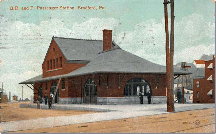 BR&P depot. Bradford PA. Circa 1910. Note the oil derrick in the background.