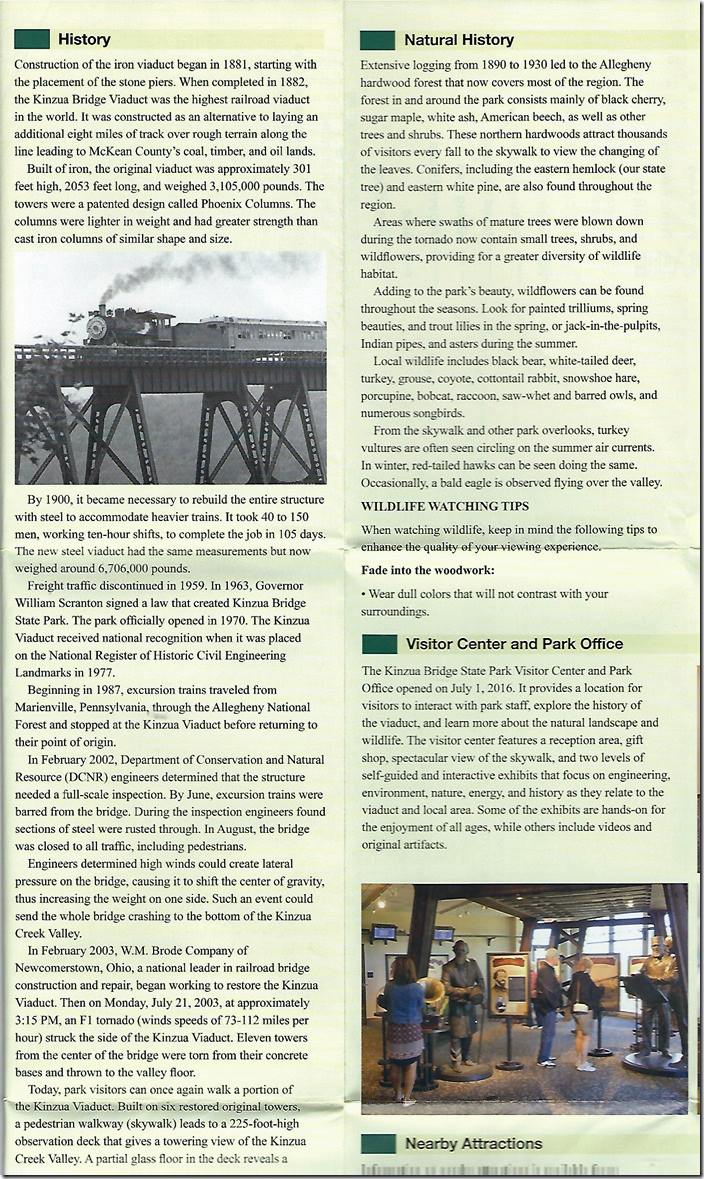 Kinzua Bridge SP. Brochure inside content page 1.