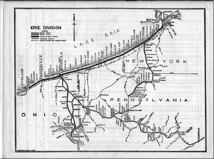 NYC Erie Div. map 1951 showing Dunkirk to Titusville including Warren. It also shows the LEF&C from Sutton to Clarion.