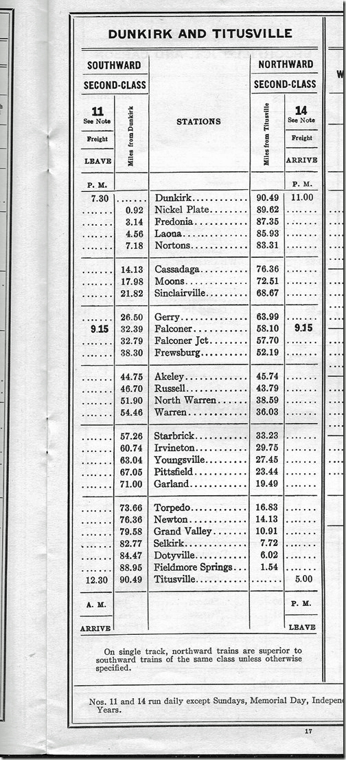 NYC Erie Div. employee timetable. 1951. Dunkirk-Titusville.