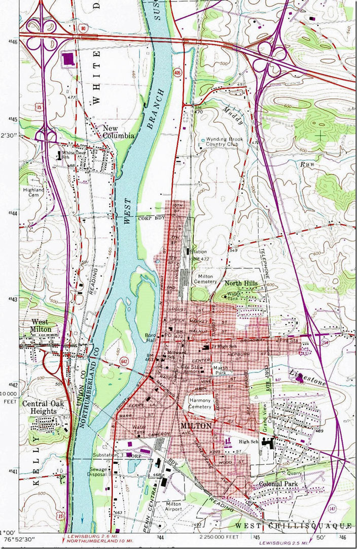 The station locations are near the north end of the city boundary. Milton 1:24,000 scale 1965 updated to Penn Central era. Milton PA, 1:24,000 quad, 1965, USGS.