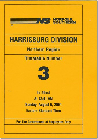 NS Harrisburg Div Timetable number 3, 2001 cover.