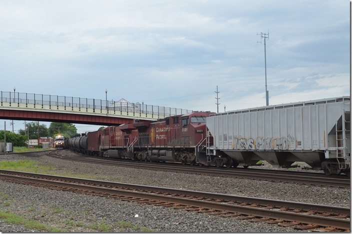 CP 8829-9801’s empty ethanol train (Sewaren NJ to Chicago-CP) got added in at Conway making a train of 4 buffer loads and 204 empties. It would split later. Coming at me is 12Q-18. Alliance OH.