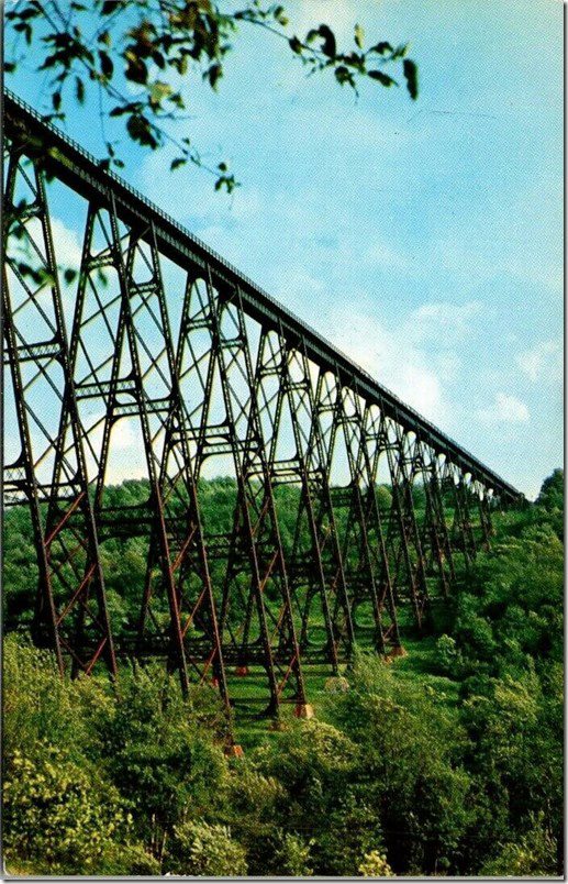 This is about the time that Erie started running their trains over the parallel B&O. Erie Kinzua Bridge. Circa 1959.