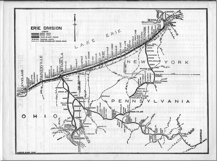 NYC Erie Division map from the 1951 employee timetable. The official end of the line was Rose which is on the outskirts of Brookville. Also note NYC’s connection with the Lake Erie, Franklin & Clarion (LEF&C), a coal-hauling shortline that worked until the 1990s. Also note the Erie branch coming south out of Meadville that reached Oil City.