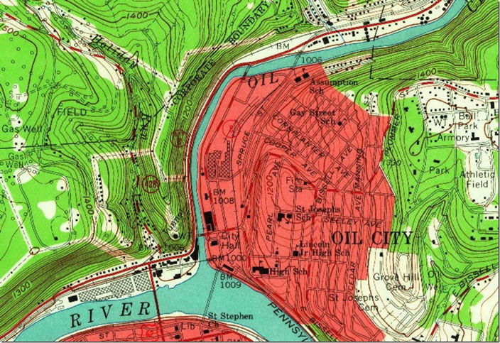 The Lake Shore Tunnel is shown in this 1963 topo as is the Erie bridge across the mouth of Oil Creek into downtown and a junction with the Pennsy. Those steep contours in the lower left sure don’t leave much room for two railroads and a state highway! Oil City PA, 1:24,000 quad, 1963, USGS.