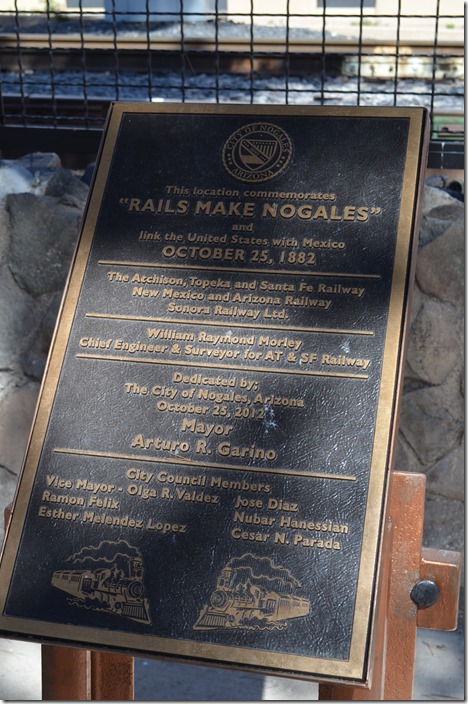 “Rails Make Nogales” commemorated the arrival of three railroads at the Mexican border. William Morley was chief engineer for the Santa Fe. Santa Fe later gave up their quest to invade Mexico with their subsidiary Sonora Railway and sold this line to Southern Pacific. Nogales AZ.