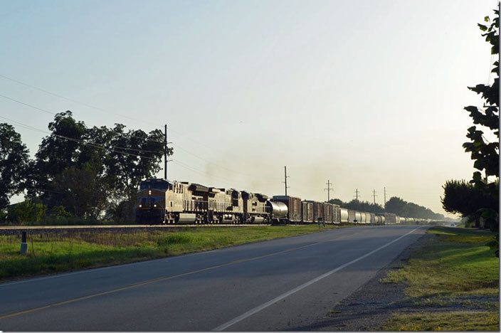 On old US 60 at Ash Hill MO, I saw a headlight. UP 2666-6703-8636 struggled by with a huge northbound freight.