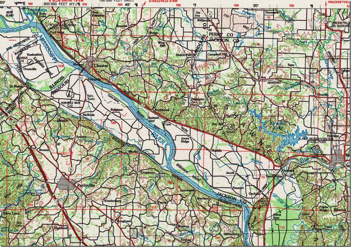 1:250,000 scale map showing area of Mississippi River valley between Gorham and Chester including Cora. Paducah, KY-IL-MO-IN, 1:250,000 quad, 1987, USGS.