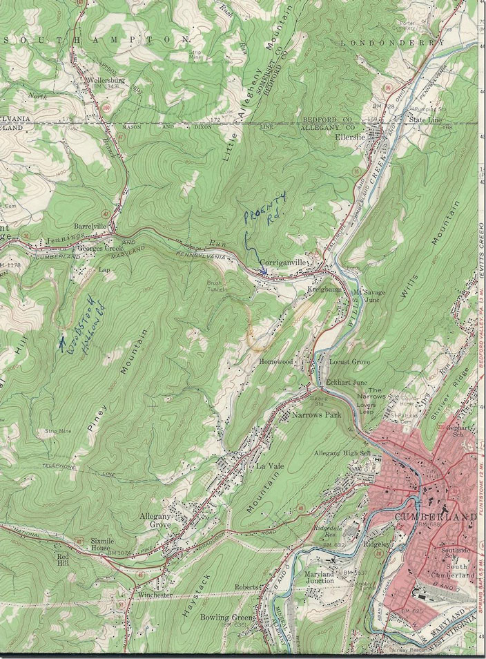 At the lower right of this Frostburg Quad 15 min. 1950 topo you can see Maryland, Jct., Knobley Tunnel and Knobmount Yard. Frostburg Quad 2 USGS map.