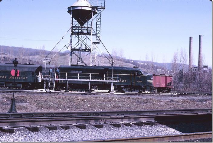 The engine terminal was called Maryland Junction. No. 303 gets some attention. WM Ridgeley WV.