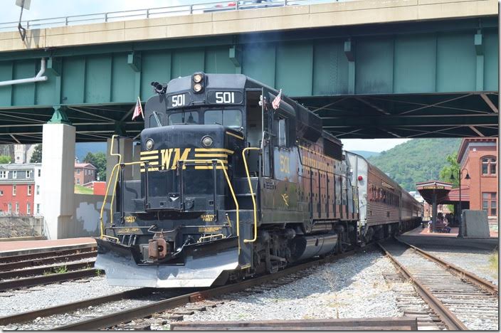 WMSR 501 ready to depart Cumberland MD with our C&OHS group. It will push up up the grade toward Frostburg. WMSR 501. Cumberland MD.