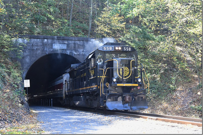 Instead we heard an air horn! I like black B32-8s as much as the next fan, but this was a huge disappointment...to say the least! The Mallet had powered the Thursday and Friday trips. WMSR 558. Brush Tunnel.