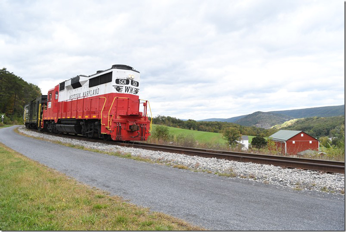 The Flyer departed Frostburg at 2:30 and is due to arrive Cumberland at 3:45. WMSR 501. Helmstetter's Curve.
