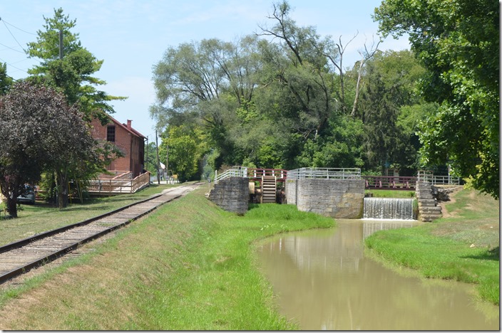 The grist mill and Lock 25 looking north toward Connersville. During the operation of the canal, a water wheel did not power the mill. Whitewater Canal lock. Metamora IN.