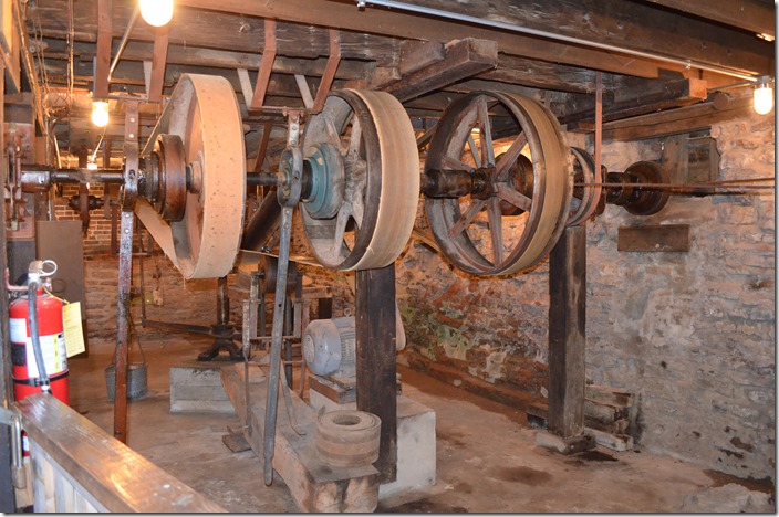 The belt drives downstairs in the grist mill. Metamora IN.