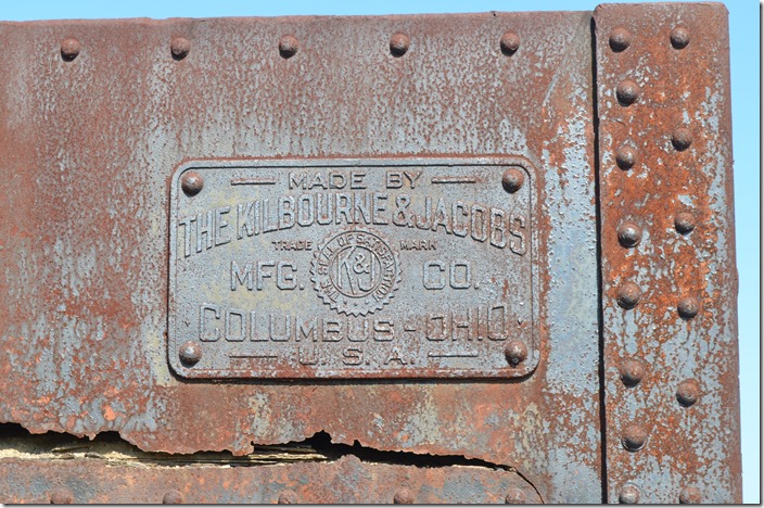 It was built by Kilbourne & Jacobs Mfg. Co. of Columbus OH. MCC or MCQ dump 7 builder's plaque. Connersville IN.